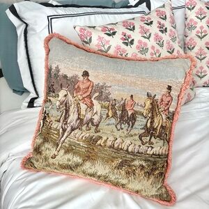 Equestrian Fox Hunt Tapestry Throw Pillow with Fringe RARE PINK